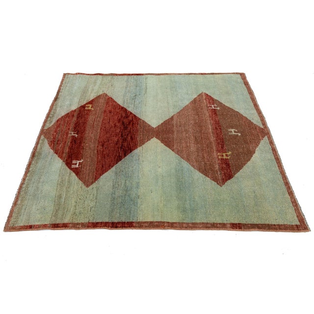 2010s 5x5 Modern Hand-Knotted Gabbeh Rug - Tribal Animal & Diamond Motif - Sky Blue For Sale - Image 5 of 8
