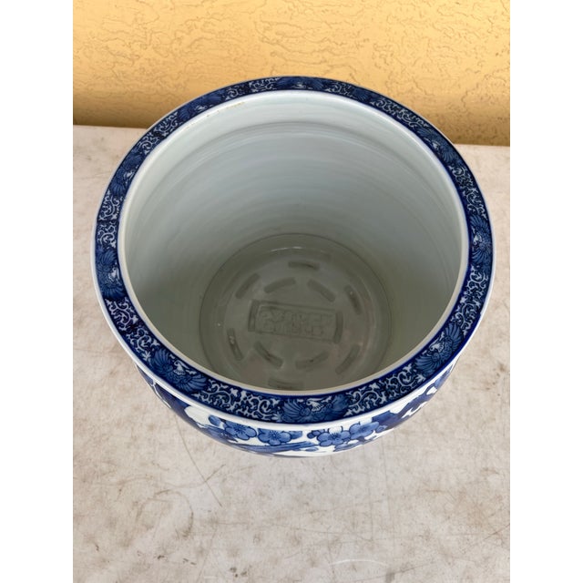 Blue Vintage Japanese Blue & White Bird & Cherry Blossom Jardinière / Planter For Sale - Image 8 of 9