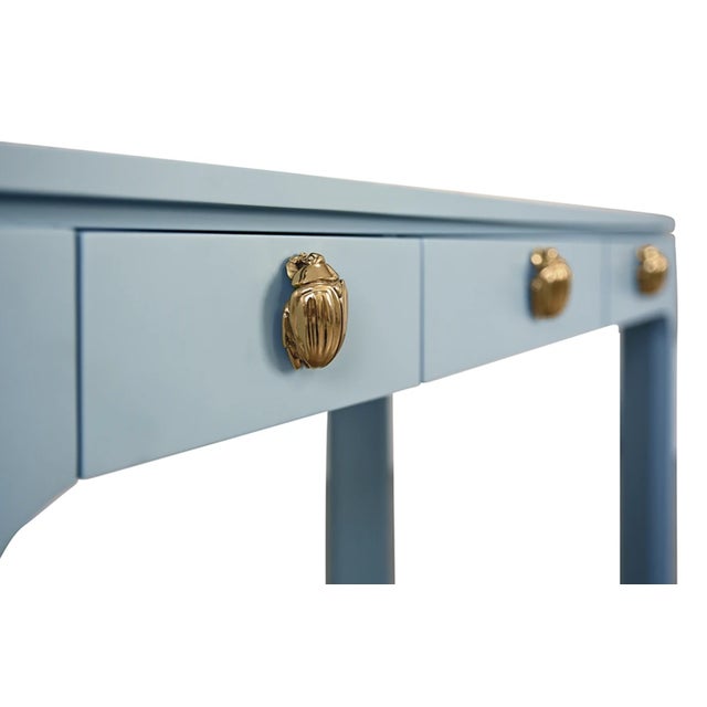 Not Yet Made - Made To Order Matthew Izzo Home Theo Light Blue Matte Lacquer Desk With Brass Beetle Knobs For Sale - Image 5 of 11