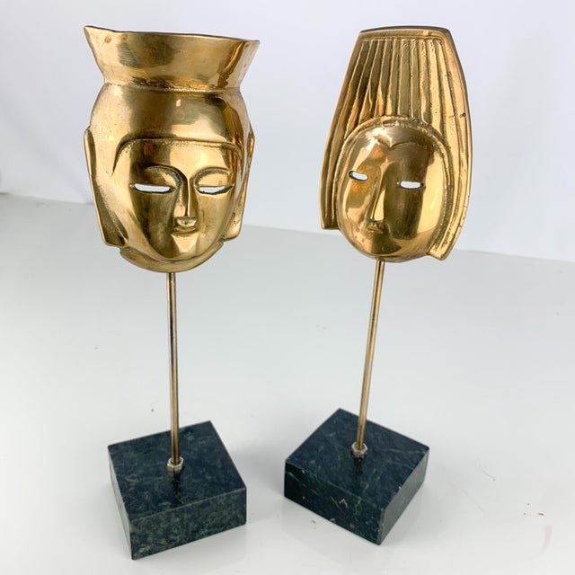 Mid 20th Century Pair Vintage Polished Brass Mid Century Asian Mask Buddha Head on Marble Base For Sale In Baltimore - Image 6 of 10