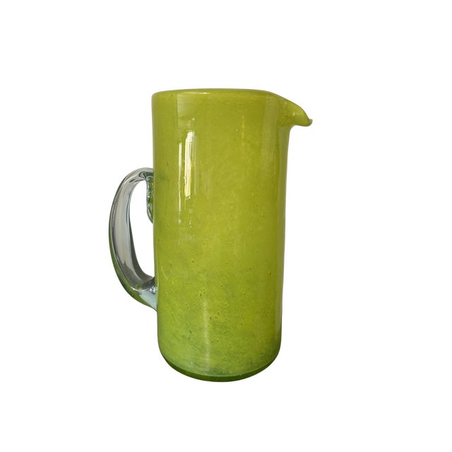 Vintage Mid-Century Modern Art Glass Pitcher – Lime Green Crackle Dimple Design, Hand-Blown For Sale - Image 6 of 10