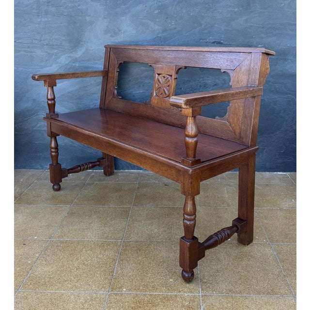 Vintage Spanish Castilian Style Oak Bench, 1920 For Sale - Image 4 of 11