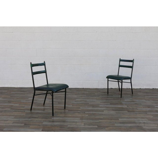 Pair of Jacques Adnet Distressed Green Leather & Black Metal Dining Chairs, France 1950s For Sale - Image 10 of 18