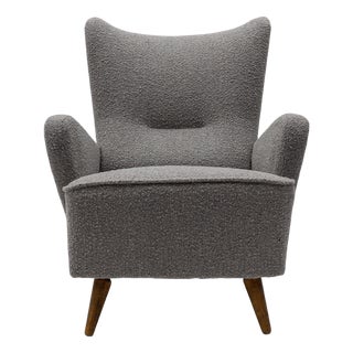 Large Grey Boucle Fabric Wingback Armchair, Italy, 1950s For Sale