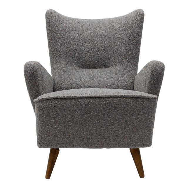 Large Grey Boucle Fabric Wingback Armchair, Italy, 1950s For Sale