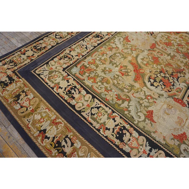 Textile 1870s Tan Camel Medallion Antique French Needlepoint Rug 11' X 11' Flatweave Wool Silk Carpet For Sale - Image 7 of 11
