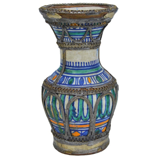 Antique Moroccan Ceramic Vase With Filigree For Sale