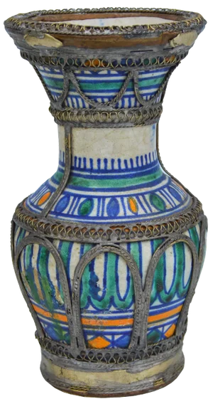 Antique Moroccan Ceramic Vase With Filigree