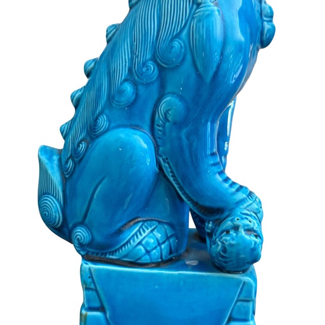 1960s Vintage Pair Turquoise Blue Chinese Foo Dogs Guardian Lions on Pedestals – 12” Tall For Sale - Image 5 of 10