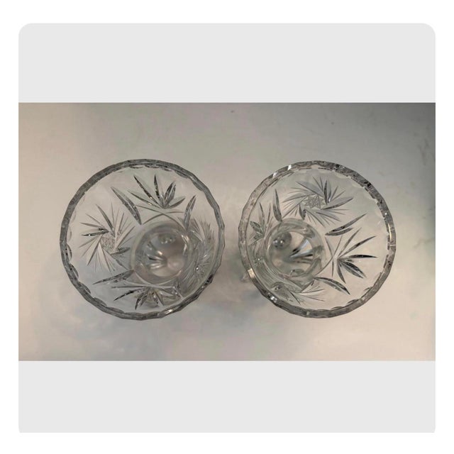 Hollywood Regency Vintage Cut Crystal Bud Vases, Pair of Footed Crystal Decorative Objects, Starburst Cut Glass, Vanity or Shelf Styling For Sale - Image 3 of 6