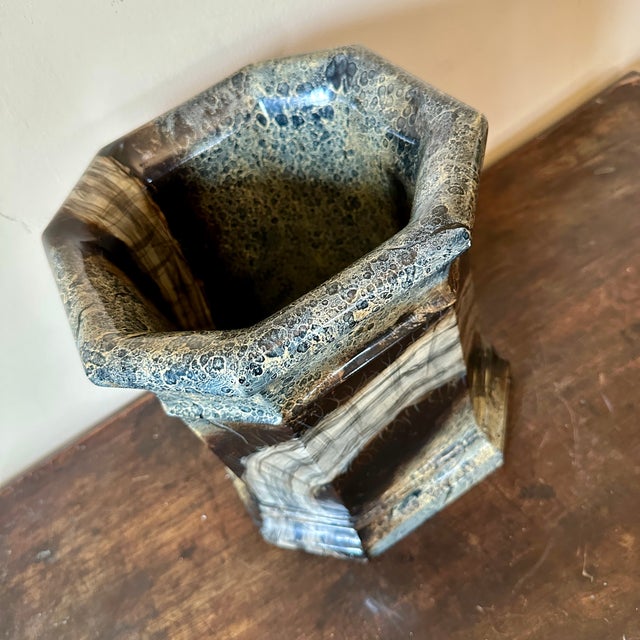 Maitland-Smith hand painted faux marble wastebasket.