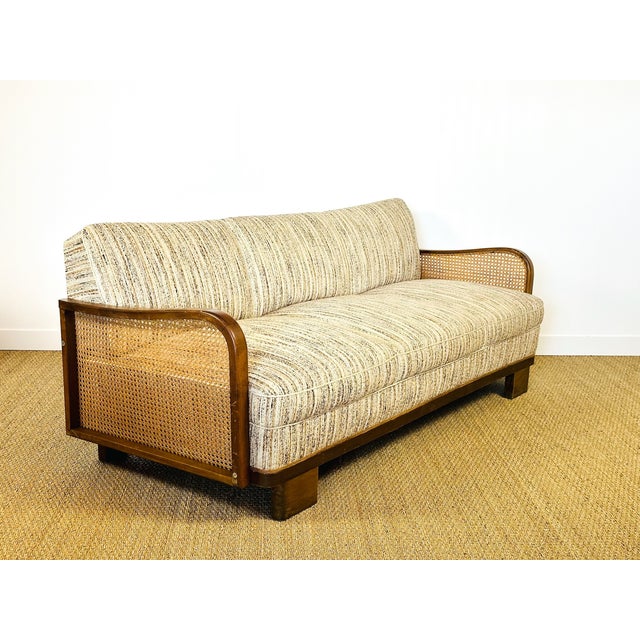 Wood Art Deco Living Room Set in Curved Wood with Tweed and Cane, 1950s, Set of 3 For Sale - Image 7 of 18
