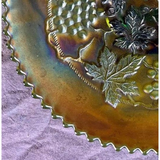 Green Signed Antique Northwood "Grape and Cable" Green Carnival Glass Plate For Sale - Image 8 of 11