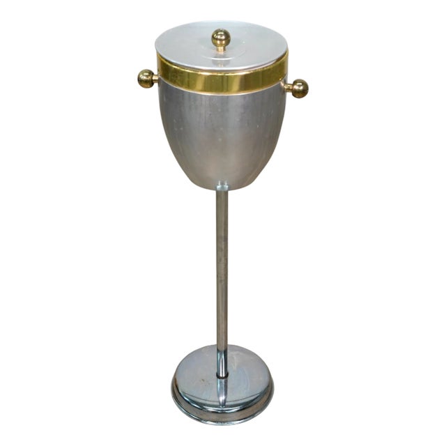 Glitzy Chrome Standing Champagne Ice Bucket With Brass Ball Shaped Handles For Sale