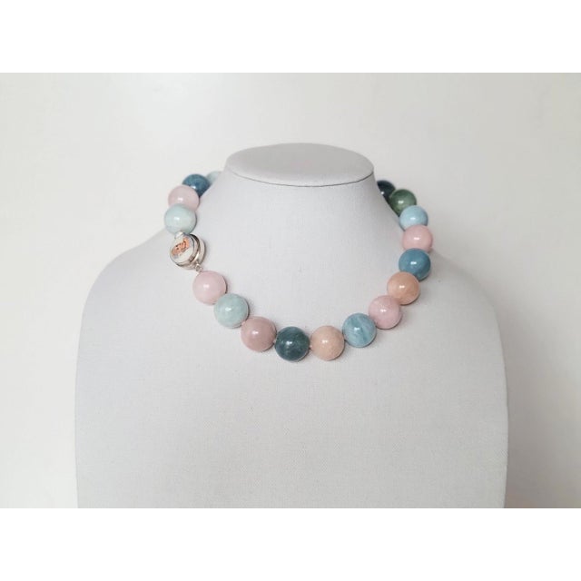 Aquamarine Morganite Beryl Beaded Necklace With Silver Clasp Porcelain Cameo Clasp For Sale - Image 9 of 11