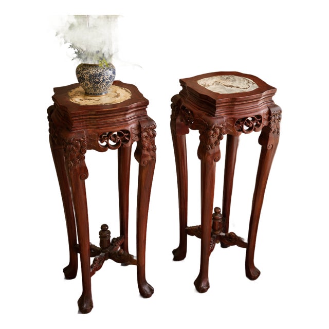 Pair of Vintage Solid Rosewood Chinese Carved Pedestal Display Stands With Natural Stone Tops – 39 Inches High For Sale