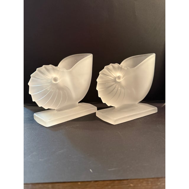 Pair of 1940s New Martinsville Satin Glass Nautilus Seashell Bookends.