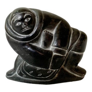 Inuit Soapstone Carving by Lucassie Amm – Signed - Kneeling Inuk Figure For Sale