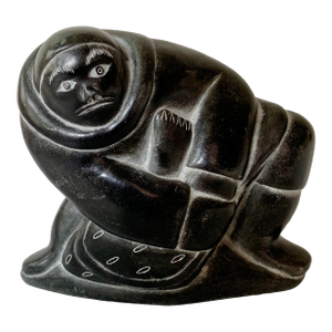 Inuit Soapstone Carving by Lucassie Amm – Signed - Kneeling Inuk Figure