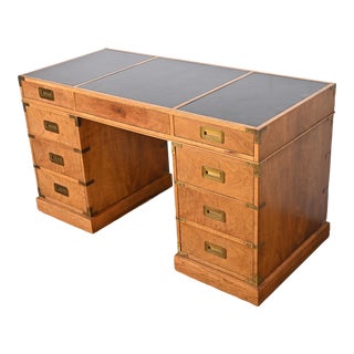 Baker Furniture Mid-Century Modern Hollywood Regency Campaign Walnut Leather Top Desk, Circa 1960s For Sale