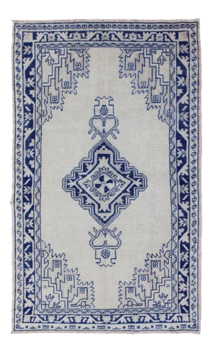 Vintage Turkish Oushak Rug Featuring Deep Indigo and Ivory Geometric Medallion