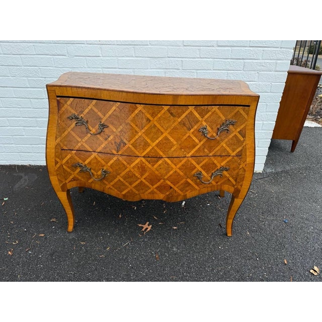 Vintage Italian Rococo Style Burl Wood Marquetry Commode With Cabriole Legs For Sale - Image 4 of 12