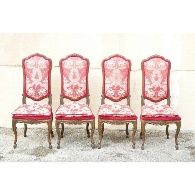 Traditional Vintage Italian Regency Style Carved Walnut Red Fabric Dining Chairs - Set of 6 For Sale - Image 3 of 12