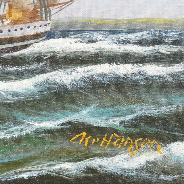 Marine Oil Painting - Five-Masted Barque Off Kronborg Kristian Hansen, 1950s For Sale - Image 4 of 5