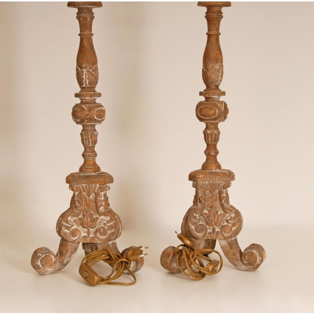 Vintage French Country Lamps Carved Wood a Pair For Sale - Image 10 of 12