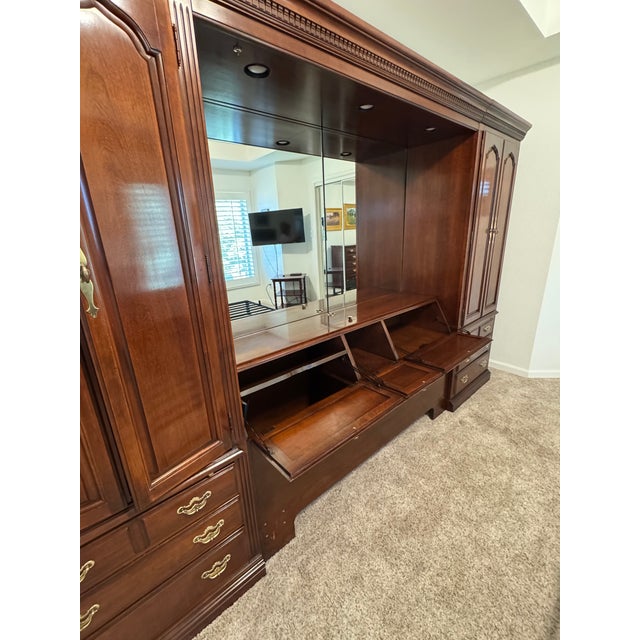 Vintage Thomasville Illuminated Cherry Queen Bed Unit- Headboard, Bridge, Nightstand Armoires, & Mirror For Sale - Image 10 of 18