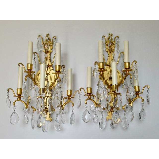 Vintage: Late 19th. Century French Louis XV-Style Wall Light Sconces, Gilded gold over bronze, with crystal dropped, multi...