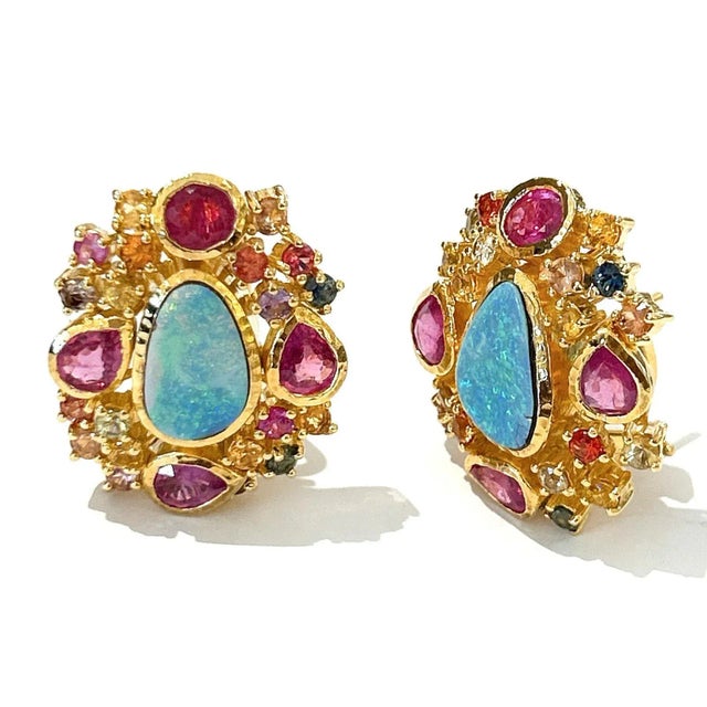 Baroque Bochic “Orient” Opal, Ruby, Sapphire & Multi Gem Earrings Set 18k Gold & Silver - 2 Pieces For Sale - Image 3 of 3