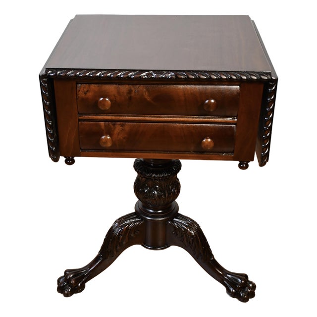 1910s Antique American Empire Mahogany Pembroke Drop-Leaf Work Table / Side Table For Sale