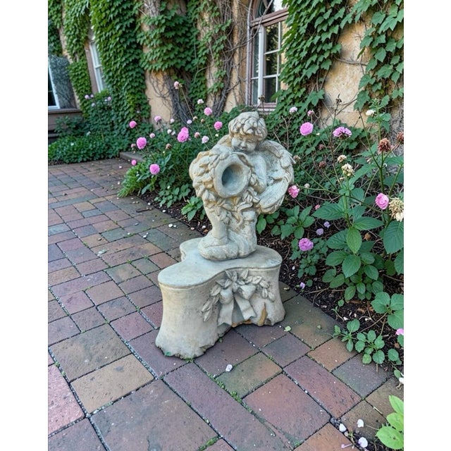 Beige Late 20th Century Cast Stone Garden Fountain Statue Pedestal – Romantic European Garden Accent With Incisive Signature Detail For Sale - Image 8 of 11