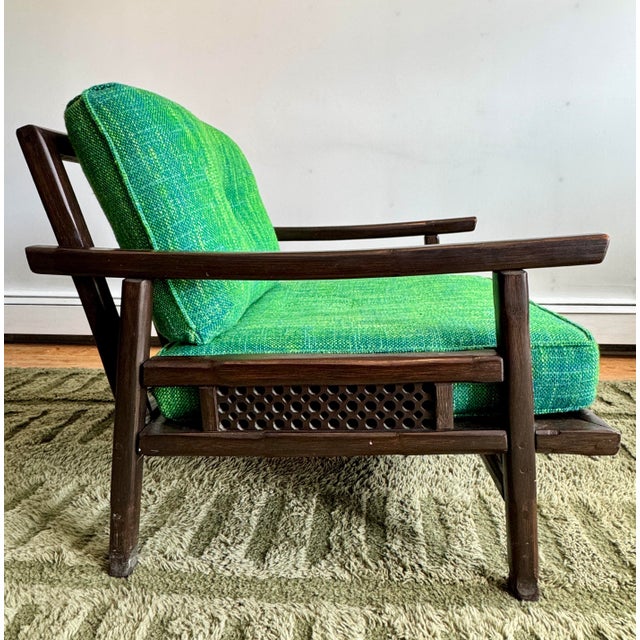 Wood Ficks Reed Lounge Chair With Ottoman C. 1960’s Very Good Condition Dark Wood Green Cushions For Sale - Image 7 of 12