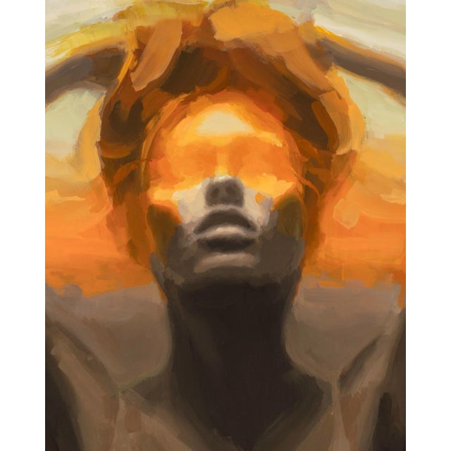 Early 21st Century Ascend by Josh Sorrell | Oil on panel Woman with hands on head against a sunset background. For Sale - Image 5 of 5