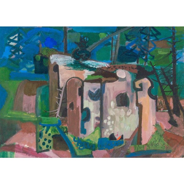 This abstract landscape painting in casein on paper is by prominent American painter Morris Shulman. The piece exhibits a...