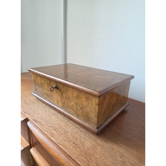 Antique Walnut Marquetry Jewelry Box With Key, Burl Wood Keepsake Box, Red Velvet Lined Locking Treasure Chest, Desk Box For Sale - Image 6 of 16