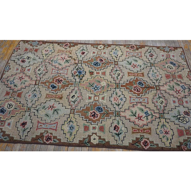 American Wonderful Beige Background With Geometric Shapes and Floral Design Antique American Hooked Rug For Sale - Image 3 of 11