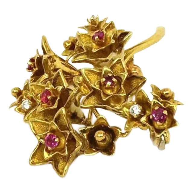 Tiffany & Co. Ruby Diamond 18k Yellow Gold Floral Spring Brooch Pin For Sale