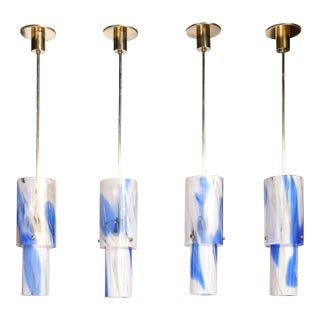 Set of 4 Mid-Century Blue & White Murano Glass Cylindrical Pendants by Venini For Sale