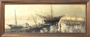 Anthony Lino, Landscape with Boats, Oil on Canvas, Framed