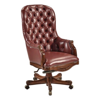 Tufted Red Leather Swivel Office Chair For Sale