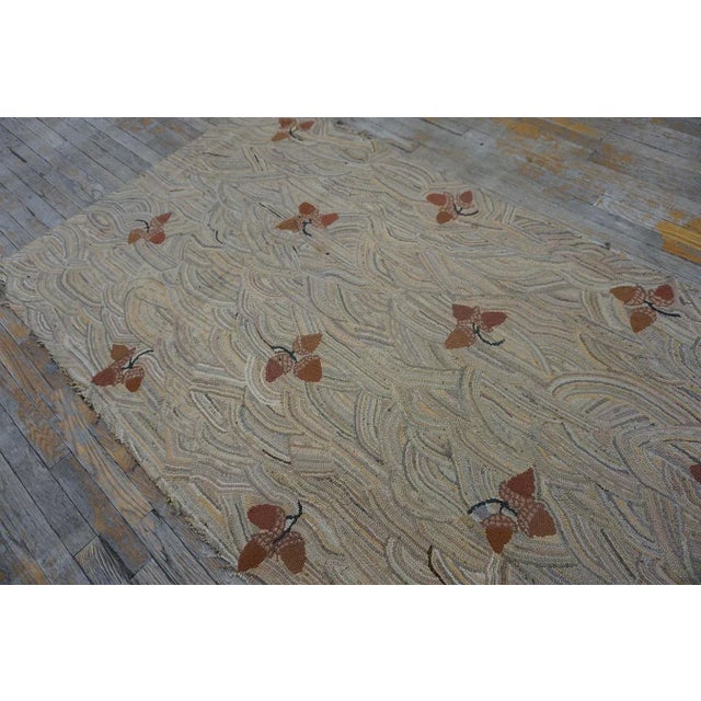 American 1940s Tan Ecru Abstract Folk Art Antique American Hooked Rug 4" X 8' Knotted Wool Carpet For Sale - Image 3 of 11