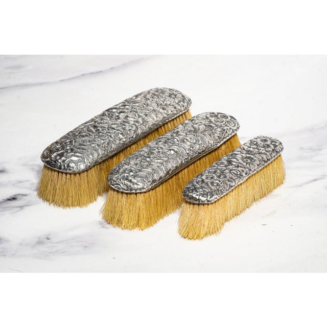 Victorian Beautiful Gorham Antique Victorian Floral Repoussé Sterling Silver Vanity Dresser Brushes For Sale - Image 3 of 16