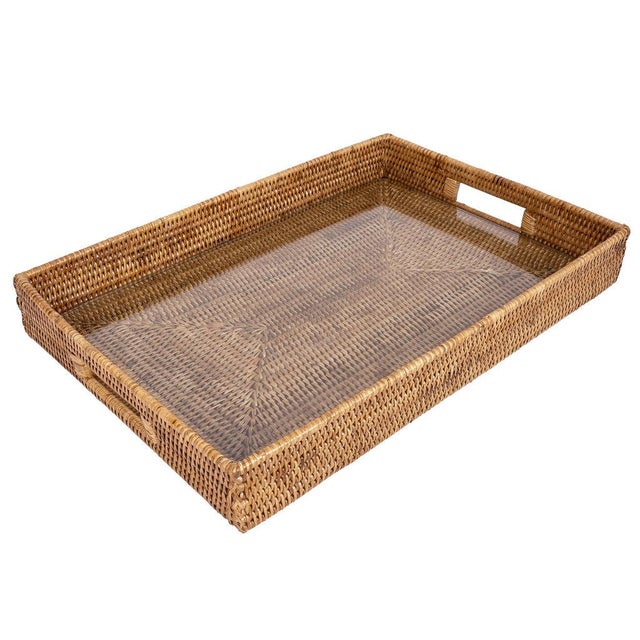 Artifacts Rattan Rectangular Serving Tray with Cutout Handles, Honey Brown with Glass Insert, 20"X13" For Sale - Image 4 of 10
