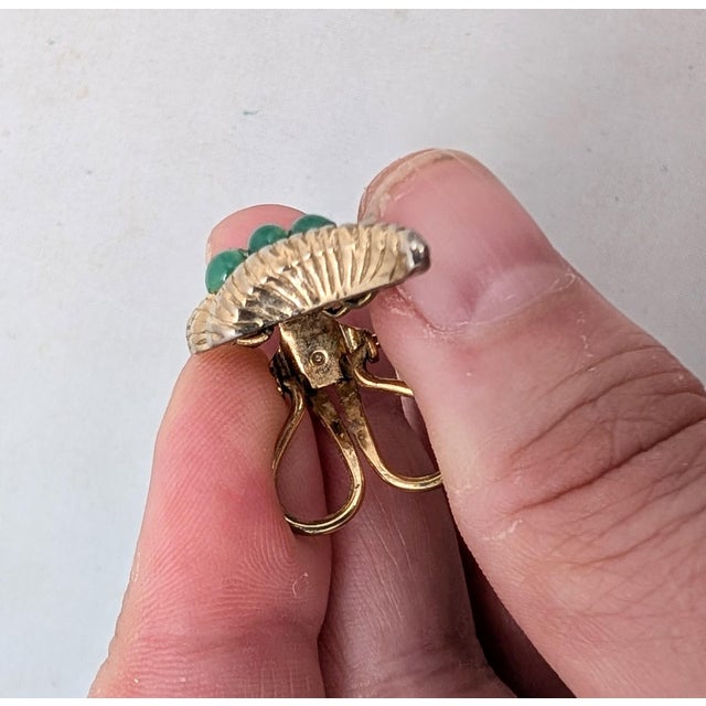 Green Vintage 1964 Napier Book Piece Goldtone Faux-Jade Clip Earrings- 2 Pieces For Sale - Image 8 of 11