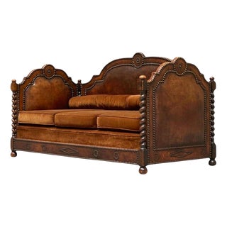 Monumental Sofa in Patinated Brown Leather, 1920s For Sale