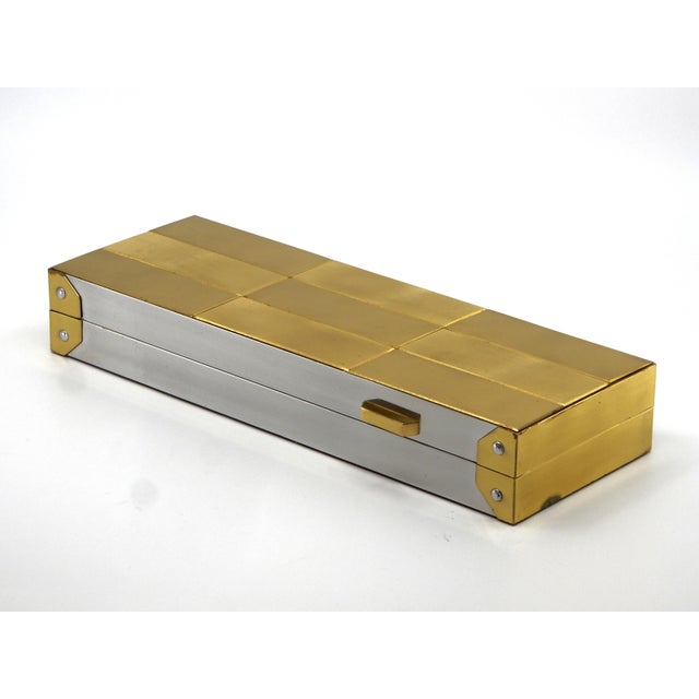 Mid-Century Modern Mid-Century Patchwork Cityscape Brass/Chrome Gentlemen's Jewelry Box For Sale - Image 3 of 9