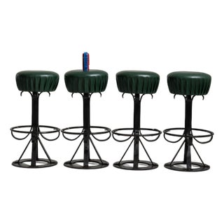 1970s Set of Four Bar Stools with Wrought Iron Bases For Sale
